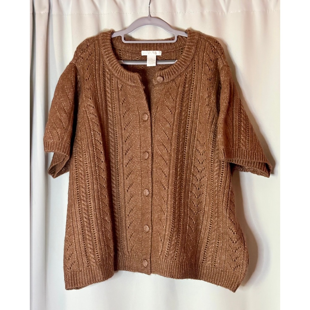 Design History Womens 3X Brown Metallic Pointelle Cable Knit Cardigan Sweater